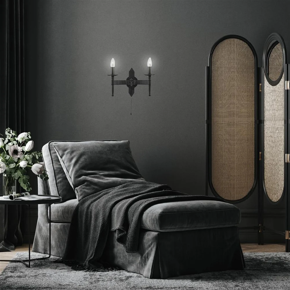 Black Wrought Iron 2 Lamp Switched Wall Light 335mm - Image 3