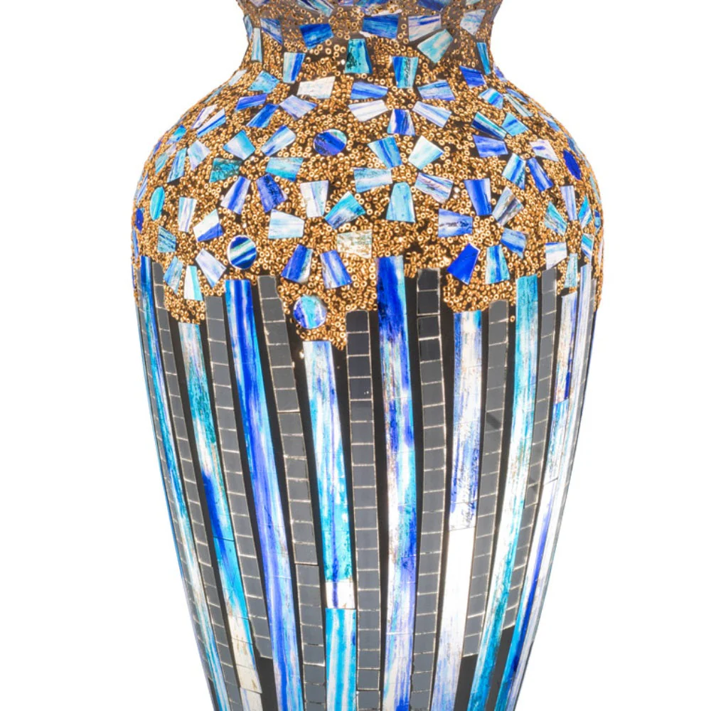 Blue Art Deco Flower Mosaic Glass Vintage Vase Table Lamp 38cm - Image 2