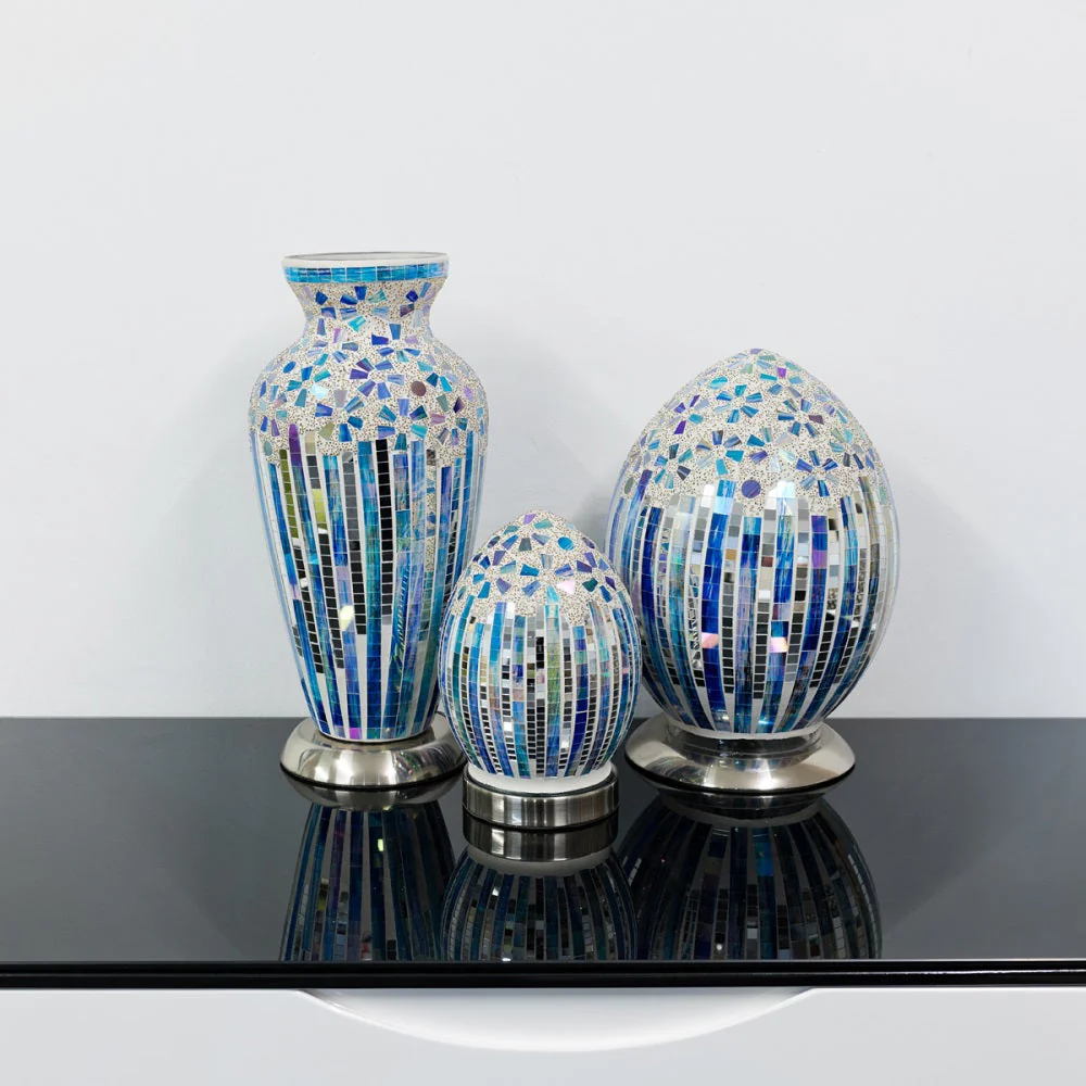 Blue Art Deco Flower Mosaic Glass Vintage Vase Table Lamp 38cm - Image 3