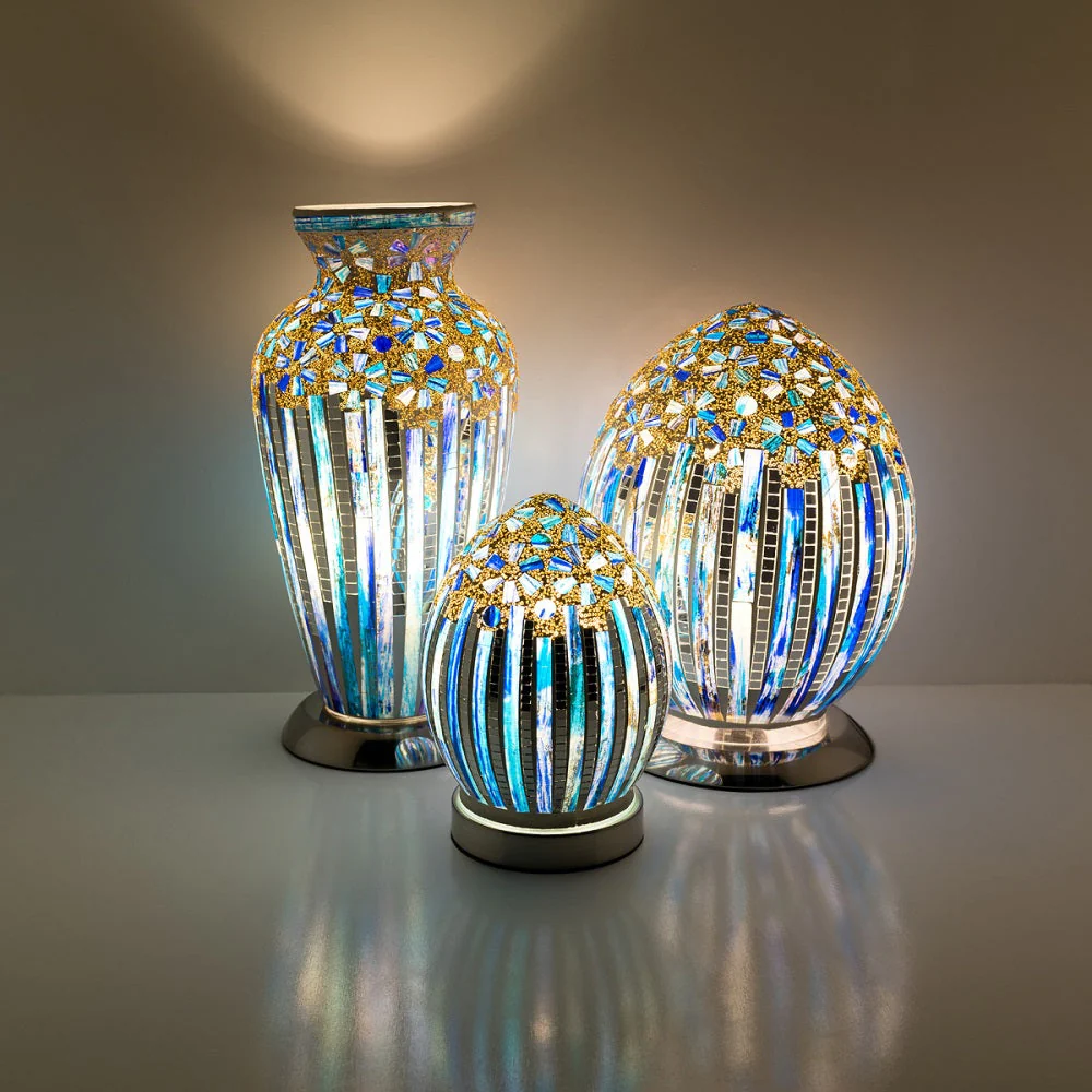 Blue Art Deco Flower Mosaic Glass Vintage Vase Table Lamp 38cm - Image 4