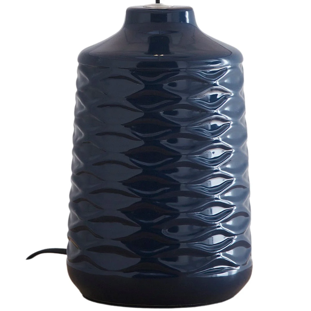 Blue Ceramic Geometric Ripple Table Lamp with White Linen Shade 43cm - Image 2