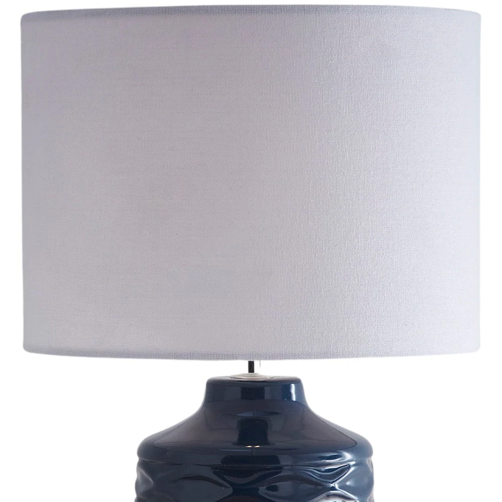 Blue Ceramic Geometric Ripple Table Lamp with White Linen Shade 43cm - Image 3