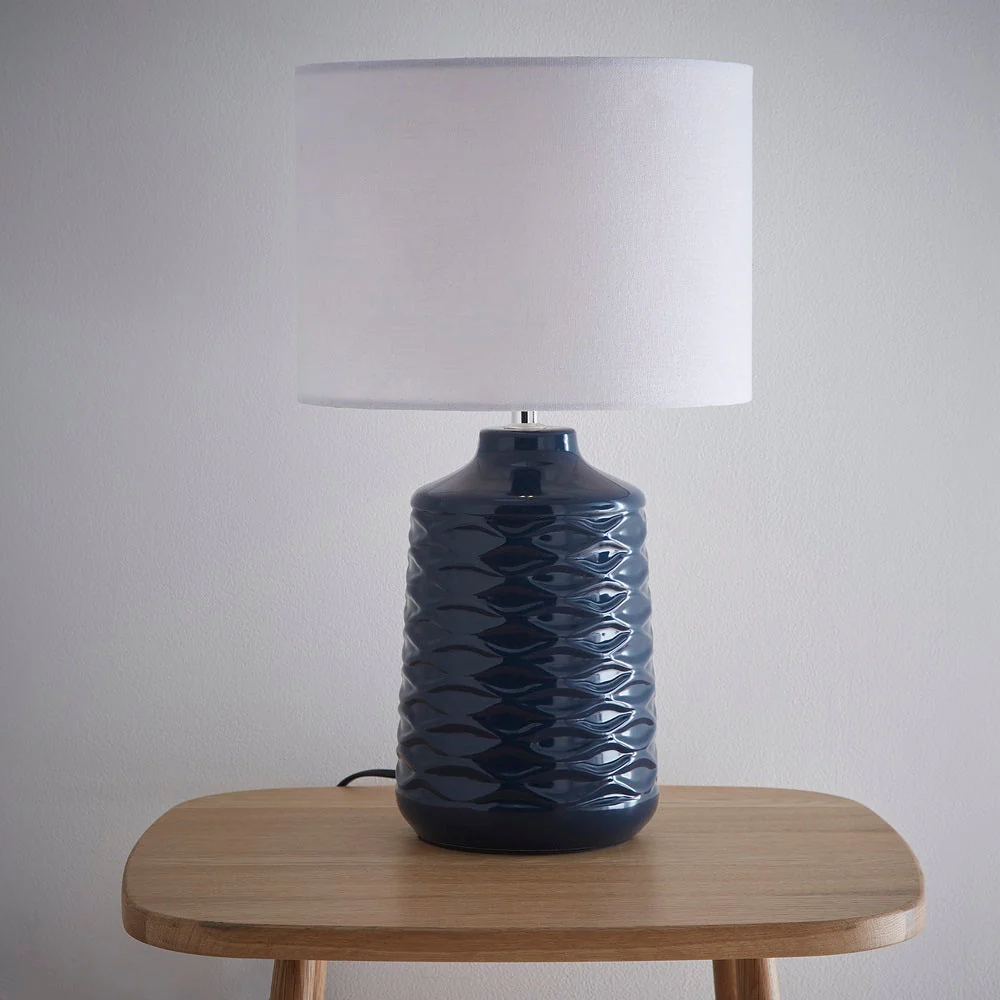 Blue Ceramic Geometric Ripple Table Lamp with White Linen Shade 43cm - Image 4