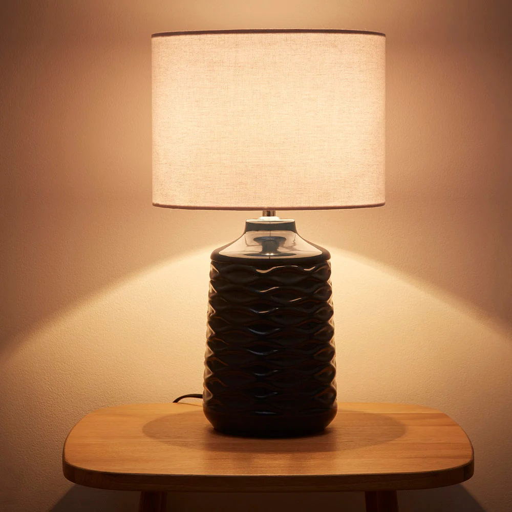 Blue Ceramic Geometric Ripple Table Lamp with White Linen Shade 43cm - Image 5