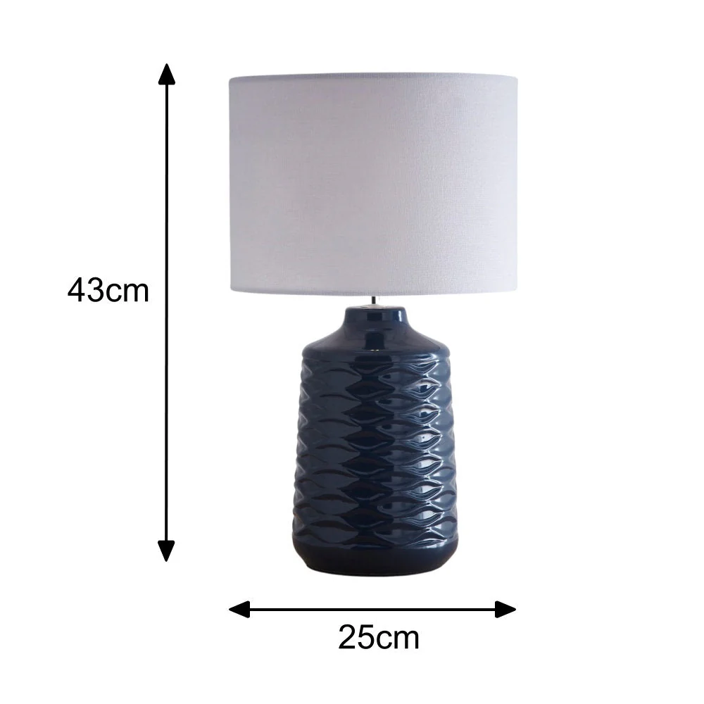 Blue Ceramic Geometric Ripple Table Lamp with White Linen Shade 43cm - Image 6