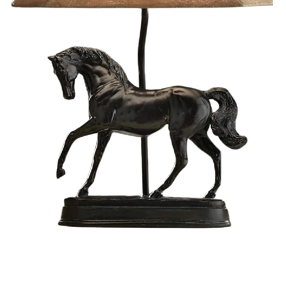 Antique Black Horse Table Lamp with Natural Faux Tapered Shade 60cm - Image 3
