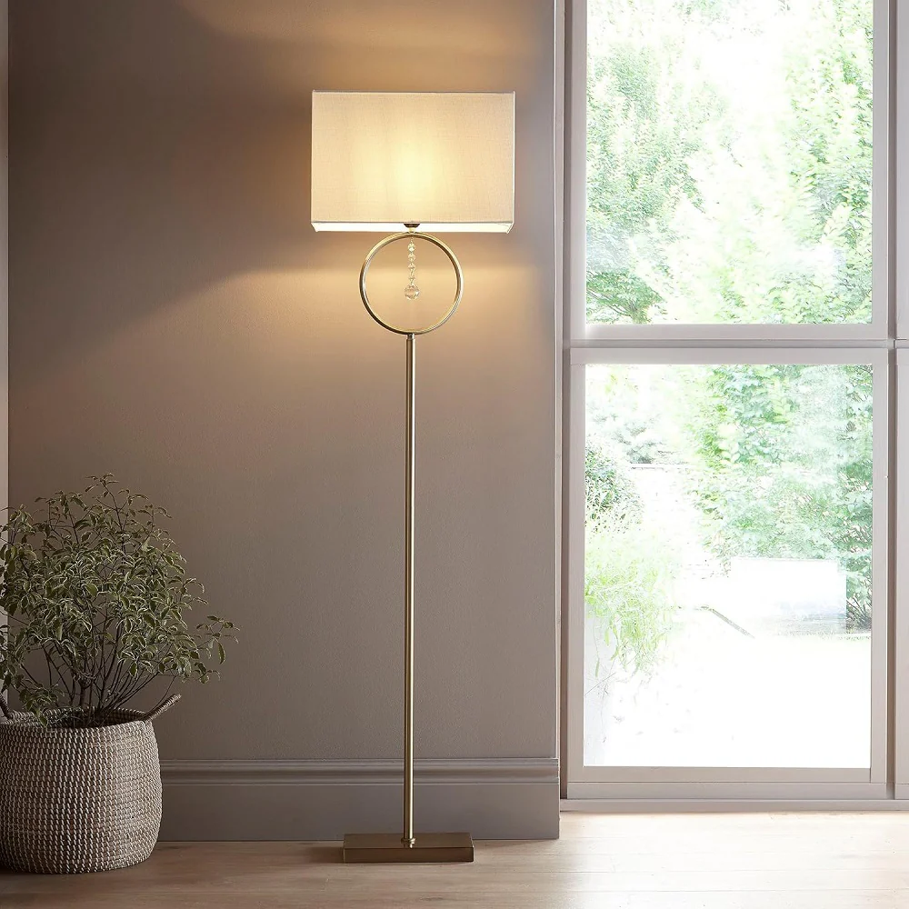 Antique Brass & Crystal Modern Floor Lamp with Cream Rectangular Shade 154cm - Image 3