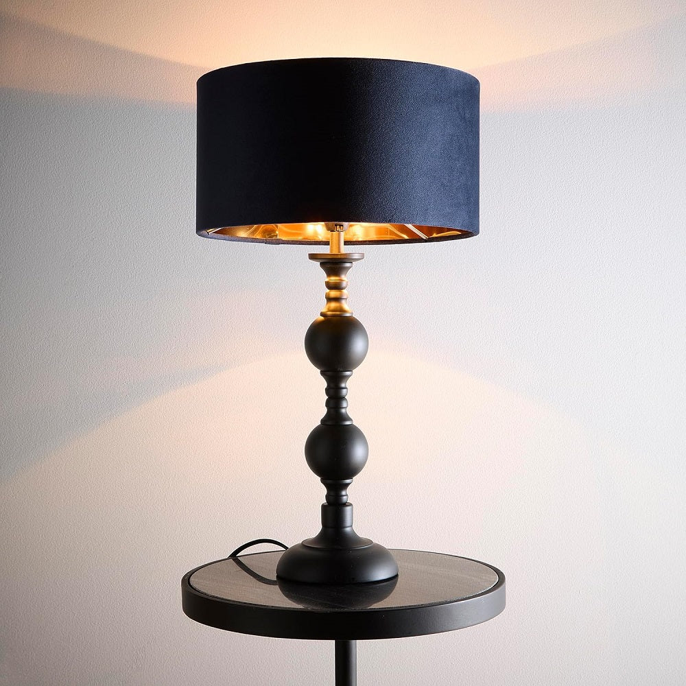 Black Metal Modern Candlestick Table Lamp with Navy Blue Velvet Drum Shade with Gold Inner 46cm - Image 2