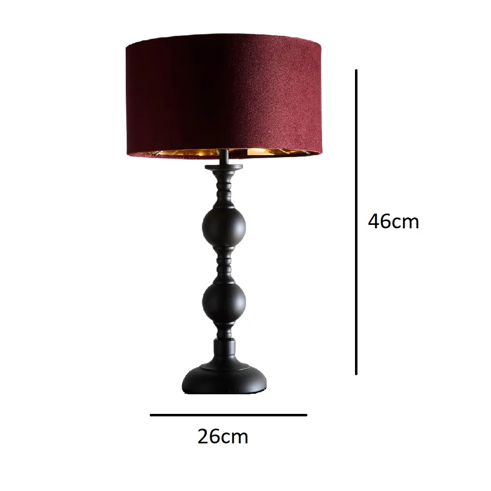 Black Metal Modern Candlestick Table Lamp with Red Wine Velvet Drum Shade with Gold Inner 46cm - Image 3