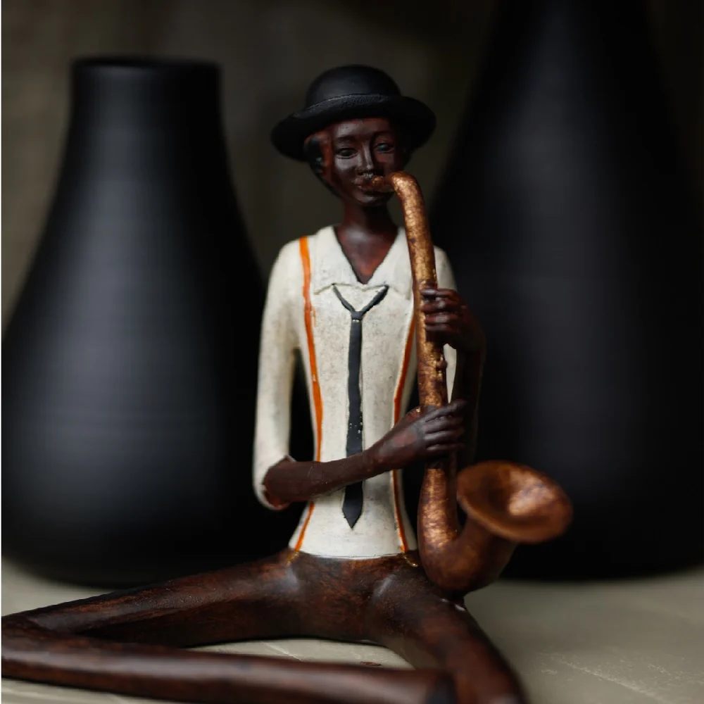 Britalia BR0260 Brown & Yellow Resin Sitting Jazz Saxophonist Musician Sculpture Figurine 38cm - Image 3