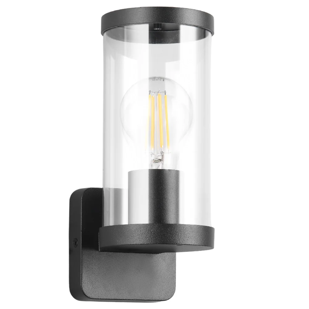 Matt Black Modern Outdoor Wall Lamp with Clear Glass Shade 23cm