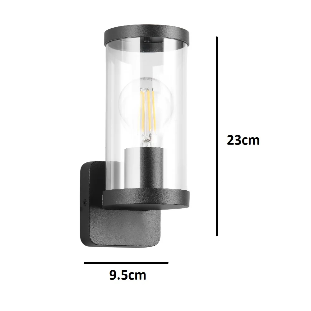 Matt Black Modern Outdoor Wall Lamp with Clear Glass Shade 23cm - Image 4