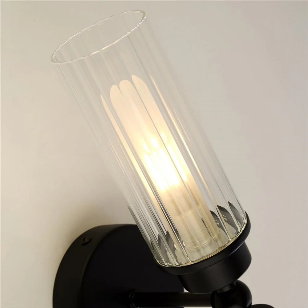 Matt Black & Ribbed Glass Bathroom Vintage 2 Lamp Wall Light IP44 - Image 3