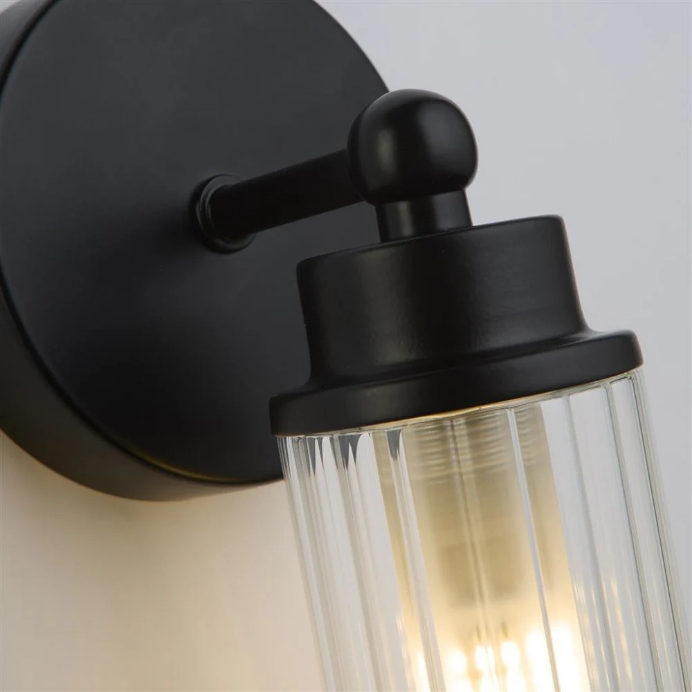 Matt Black & Ribbed Glass Bathroom Vintage Single Lamp Wall Light 220mm - Image 4