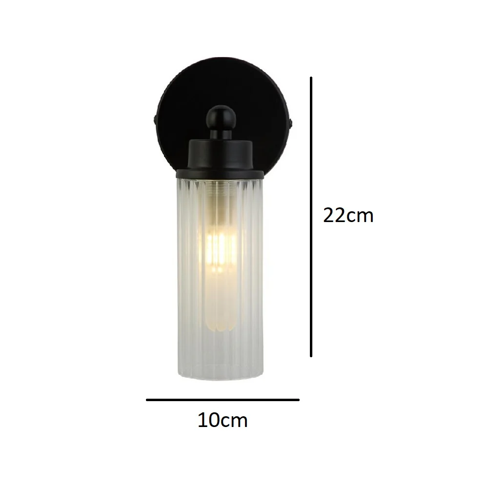 Matt Black & Ribbed Glass Bathroom Vintage Single Lamp Wall Light 220mm - Image 5