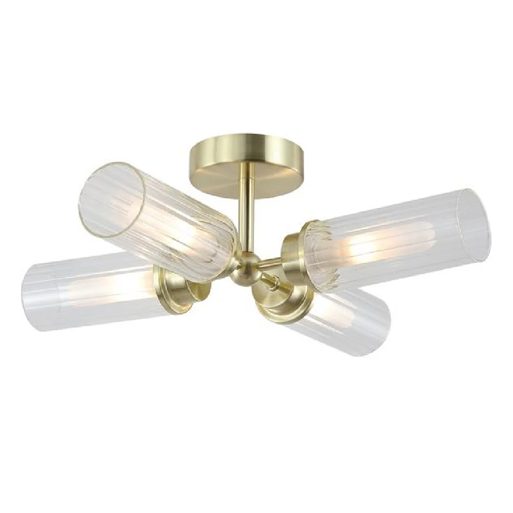 Satin Brass & Ribbed Glass Bathroom Vintage 4 Lamp Ceiling Light 390mm