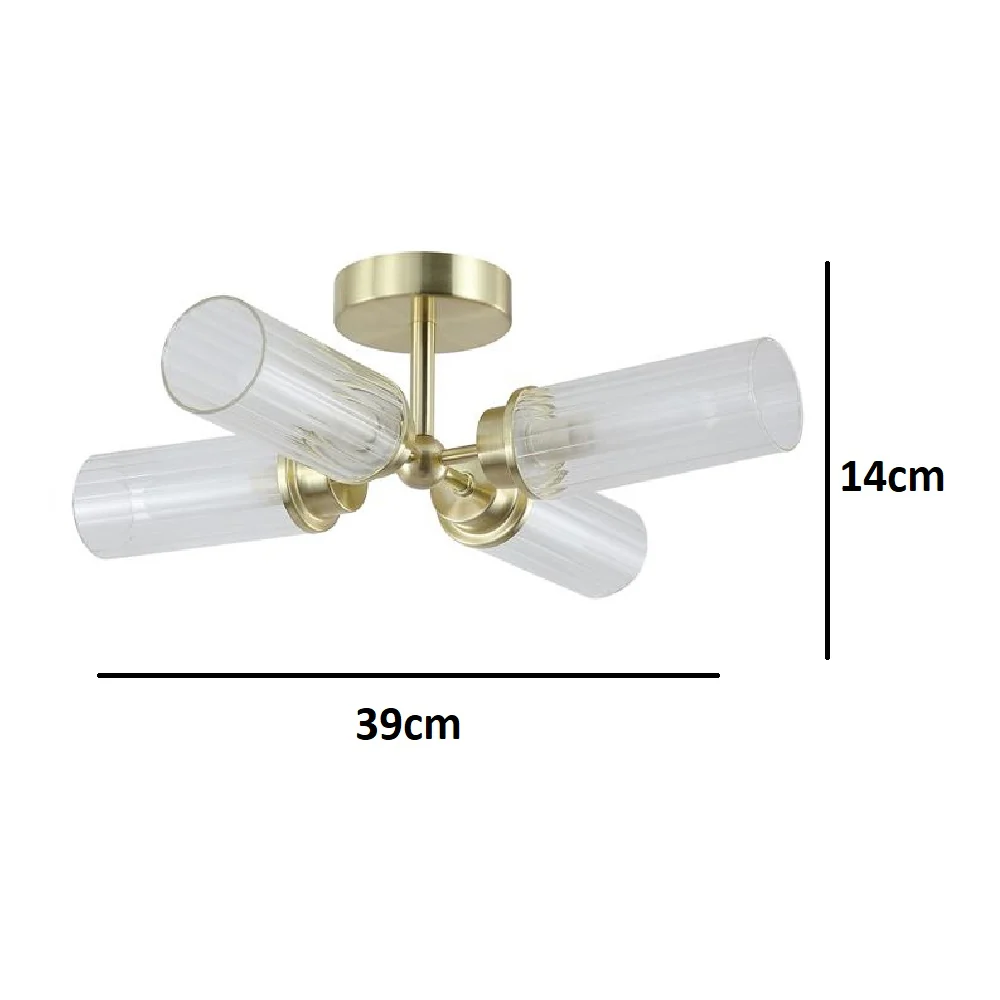 Satin Brass & Ribbed Glass Bathroom Vintage 4 Lamp Ceiling Light 390mm - Image 4