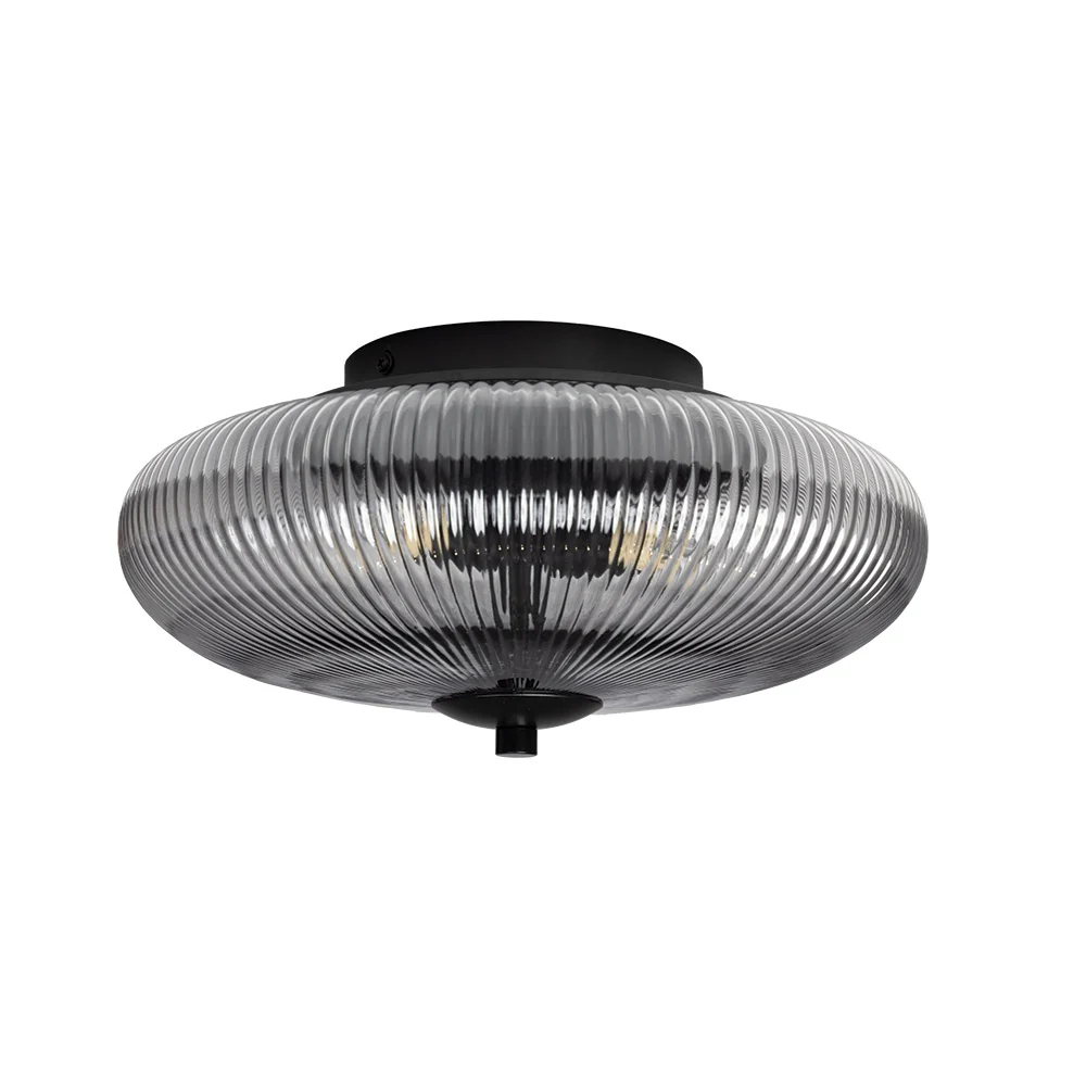 Black & Smoked Ribbed Glass Vintage Domed Flush Ceiling Light 30cm