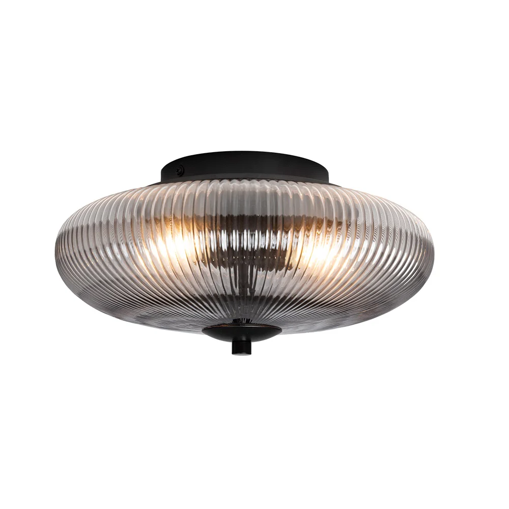 Black & Smoked Ribbed Glass Vintage Domed Flush Ceiling Light 30cm - Image 2