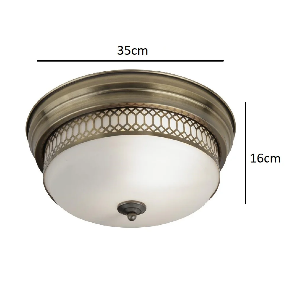 Antique Brass & Frosted Glass Vintage Flush Bathroom Ceiling Light with Geometric Lattice Trim IP44 - Image 4