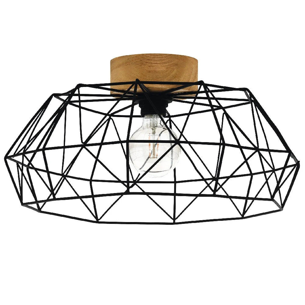 Britalia BR43363 Matt Black & Real Wood Vintage Metal Bird Cage Dome Flush Ceiling Light 46cm