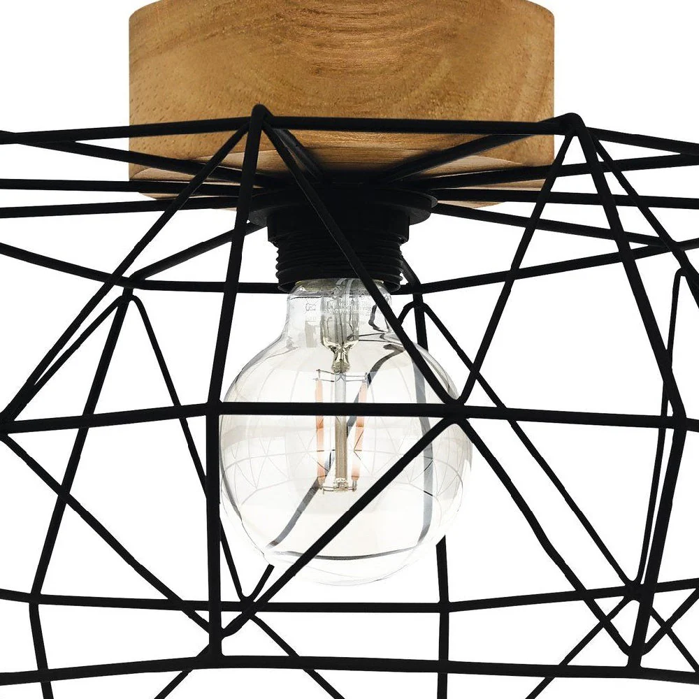 Britalia BR43363 Matt Black & Real Wood Vintage Metal Bird Cage Dome Flush Ceiling Light 46cm - Image 2