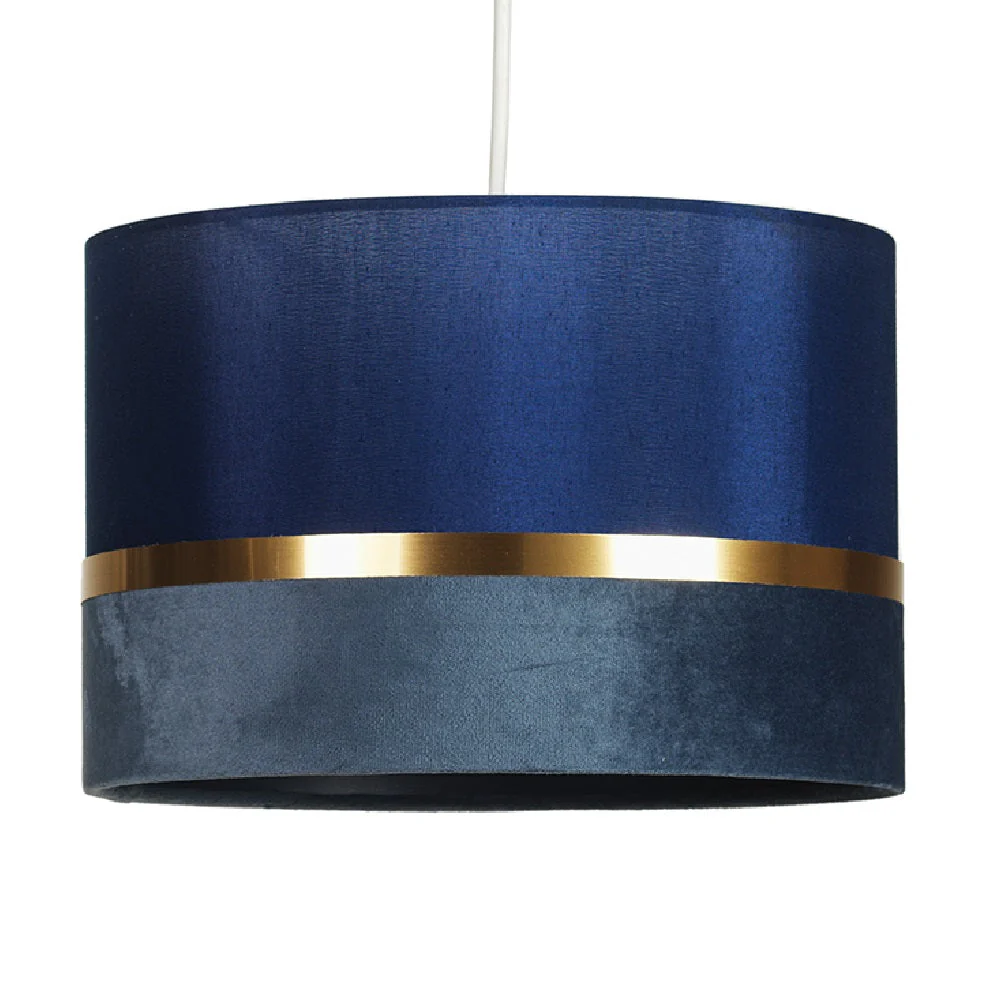 Britalia BR452/12 NA Navy Blue Velvet & Fabric Drum Pendant Shade with Gold Metallic Band 30cm
