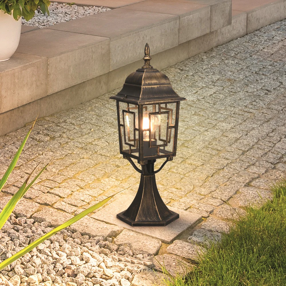 Antique Brass and Clear Glass Vintage Outdoor Lantern Pedestal Post Light 47cm - Image 4