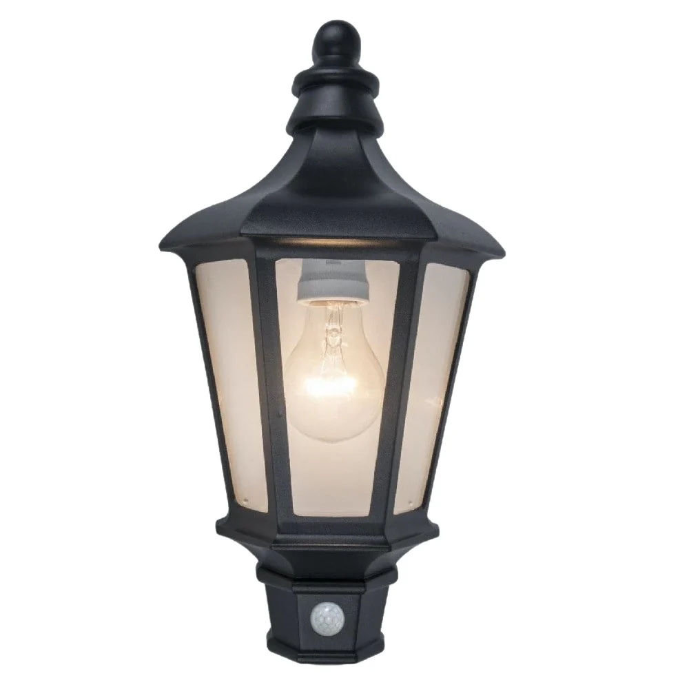 Britalia BR5180602012 Black & Clear Glass Outdoor Vintage Coach Half Lantern Flush Wall Light with PIR