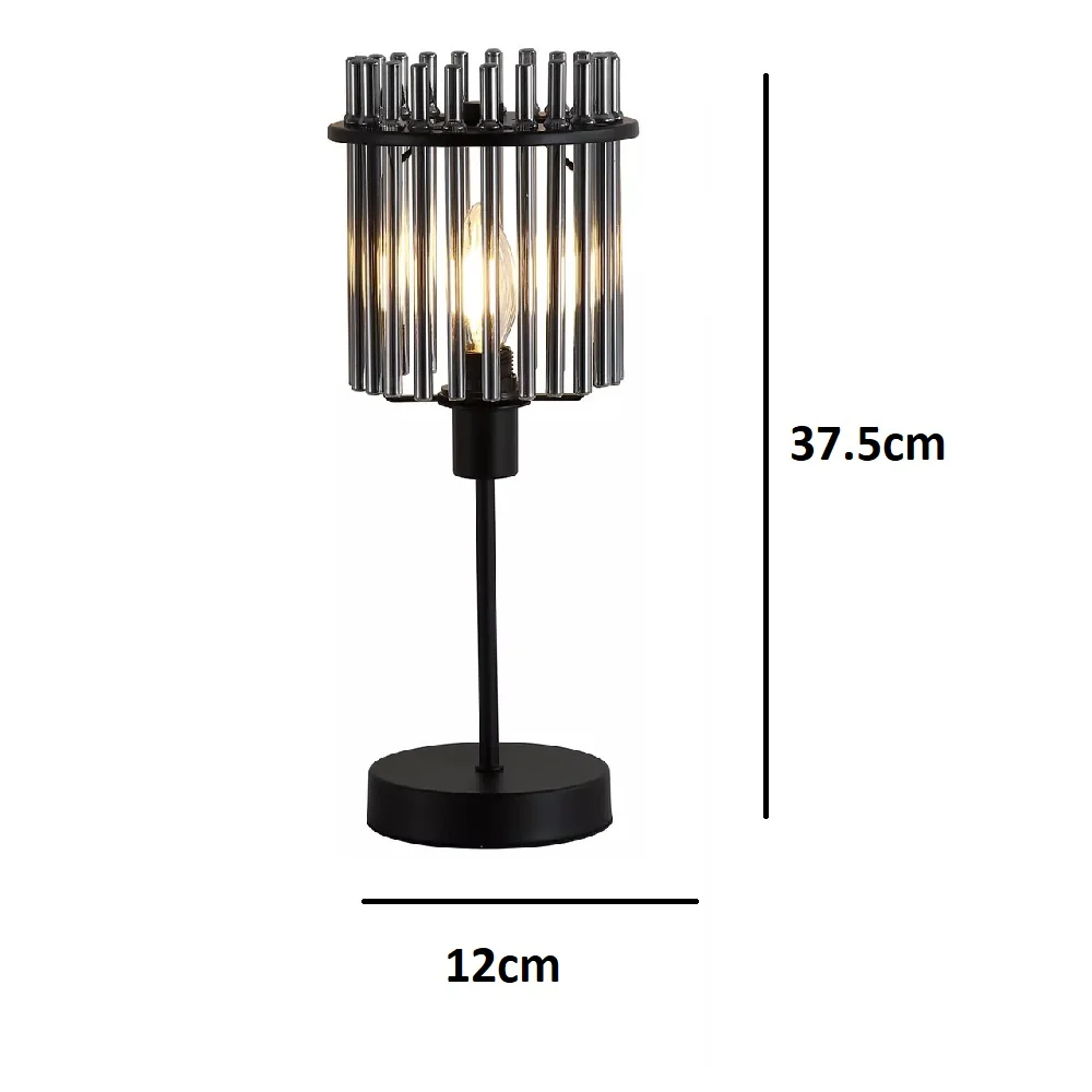 Matt Black Modern Table Lamp with Smoked Glass Rod Shade 37.5cm - Image 4
