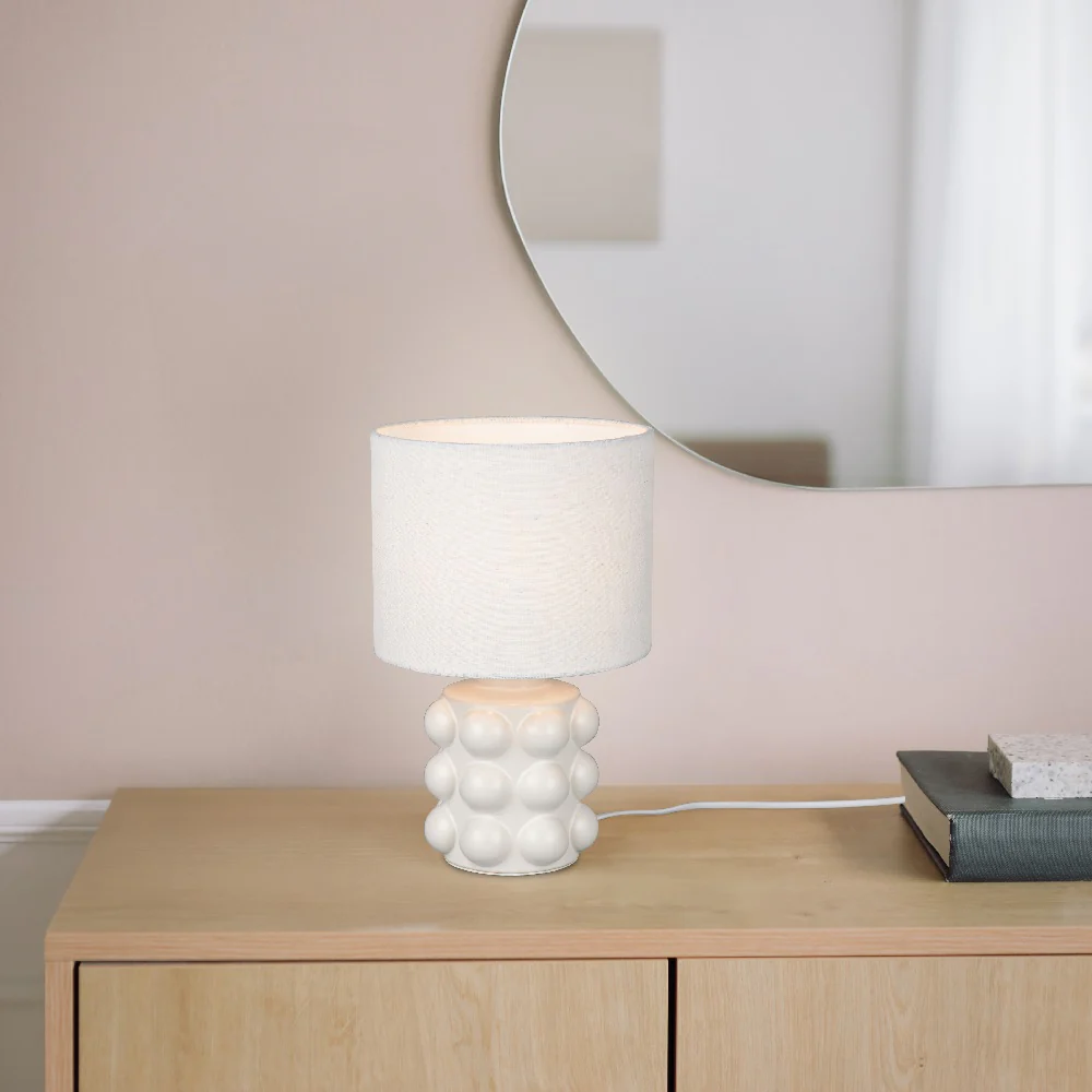 White Ceramic Modern Table Lamp with White Drum Shade 30cm - Image 3