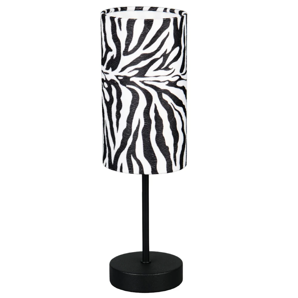 Black Metal Modern Table Lamp with Zebra Print Cotton Shade 365mm