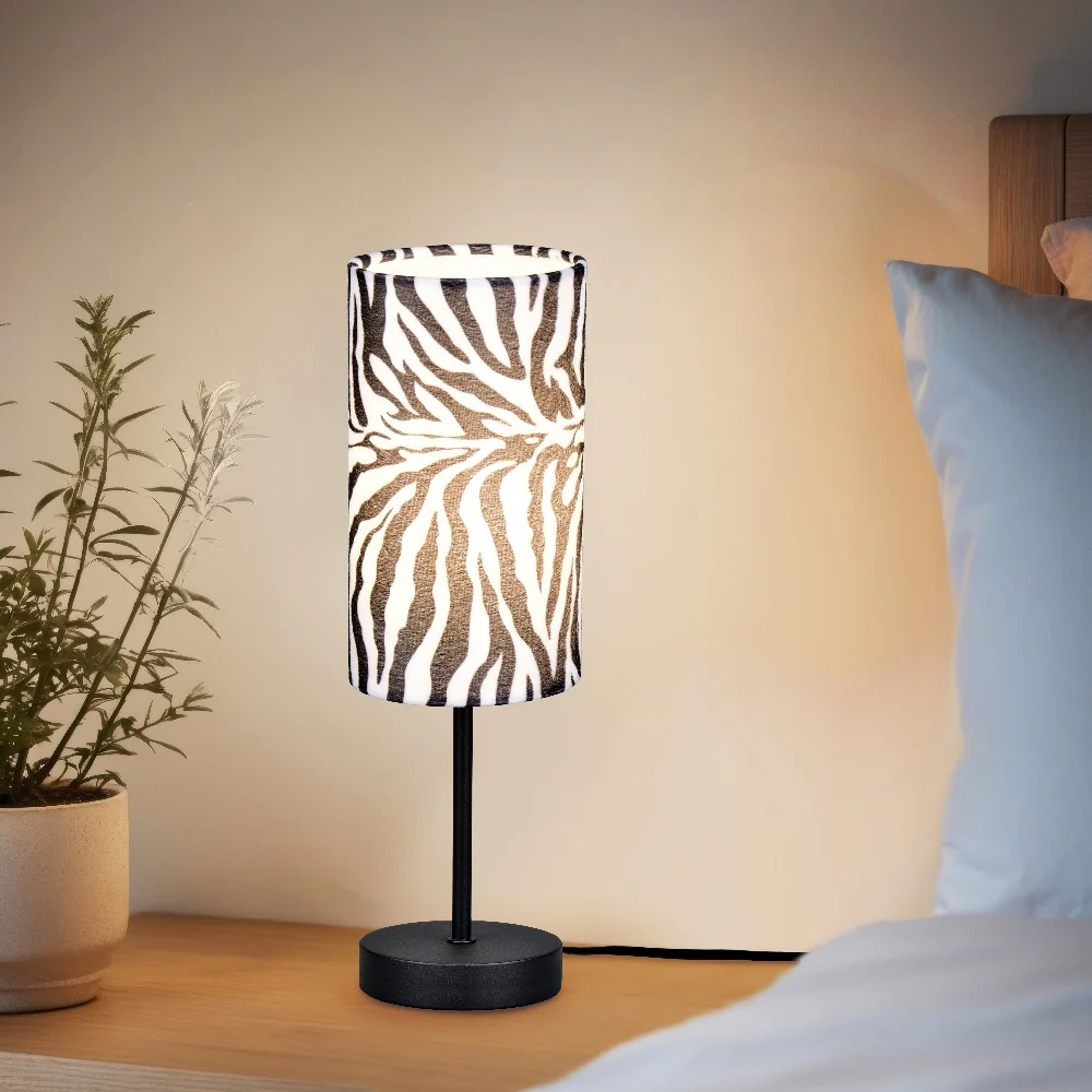 Black Metal Modern Table Lamp with Zebra Print Cotton Shade 365mm - Image 4