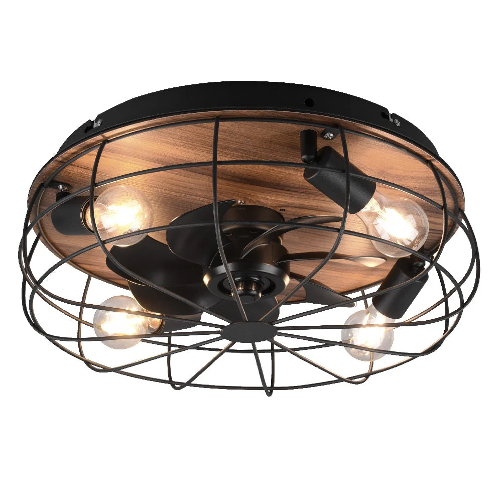 Britalia BR61105032 Matt Black & Wood Effect Vintage Cage 4 Lamp Remote Ceiling Fan 48cm
