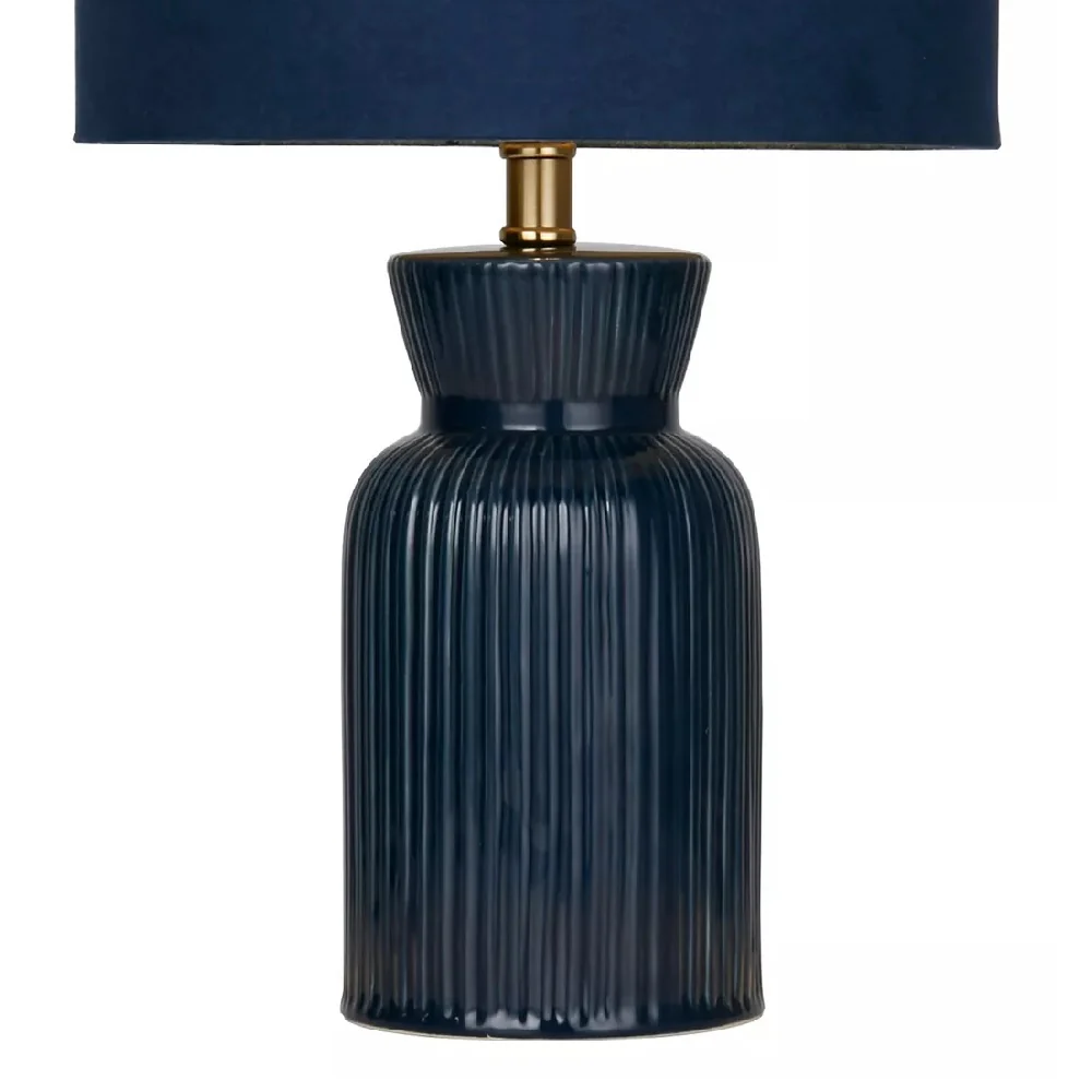Navy Blue Ribbed Ceramic Vintage Table Lamp with Navy Velvet Drum Shade 38cm - Image 2