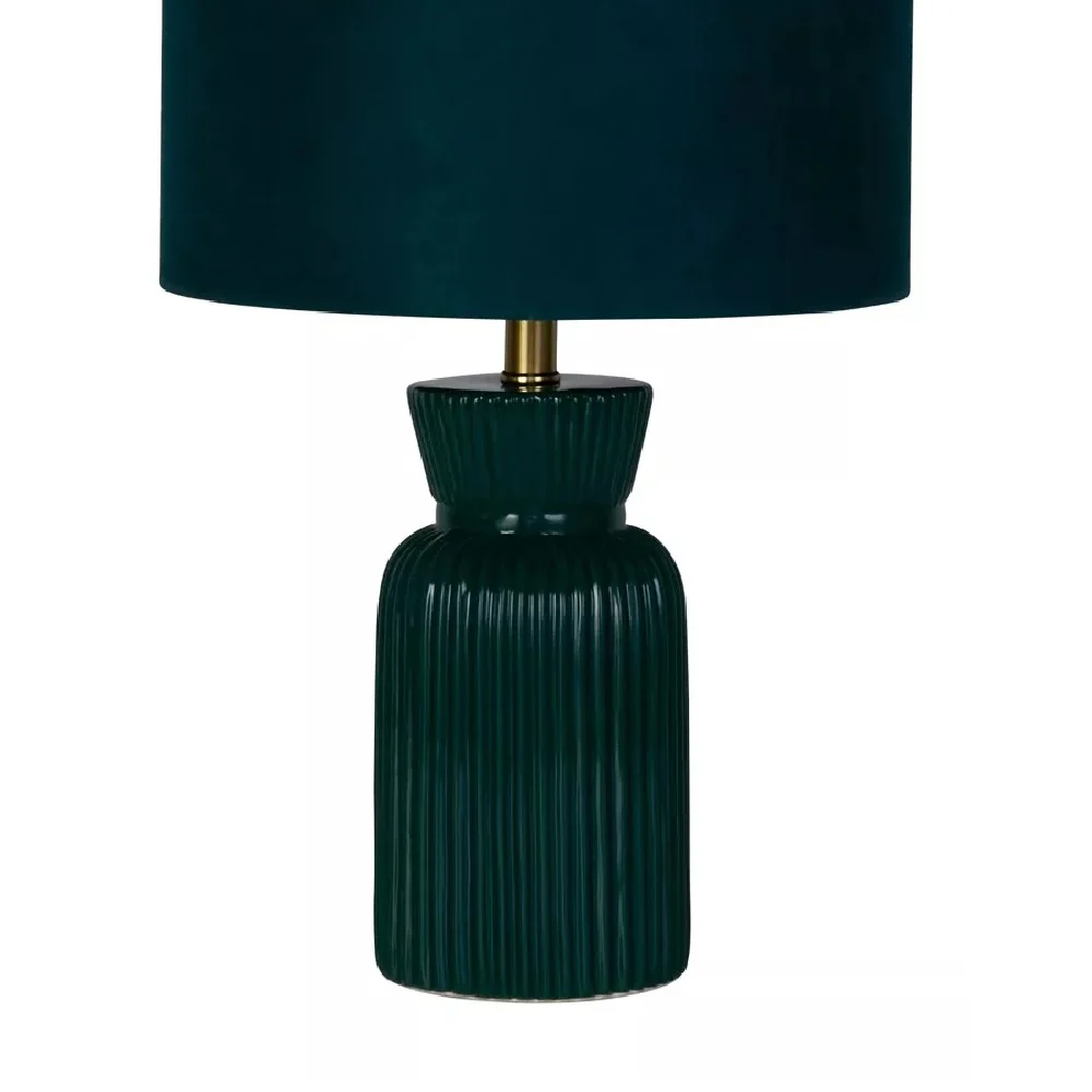 Emerald Green Ribbed Ceramic Vintage Table Lamp with Velvet Drum Shade 38cm - Image 2