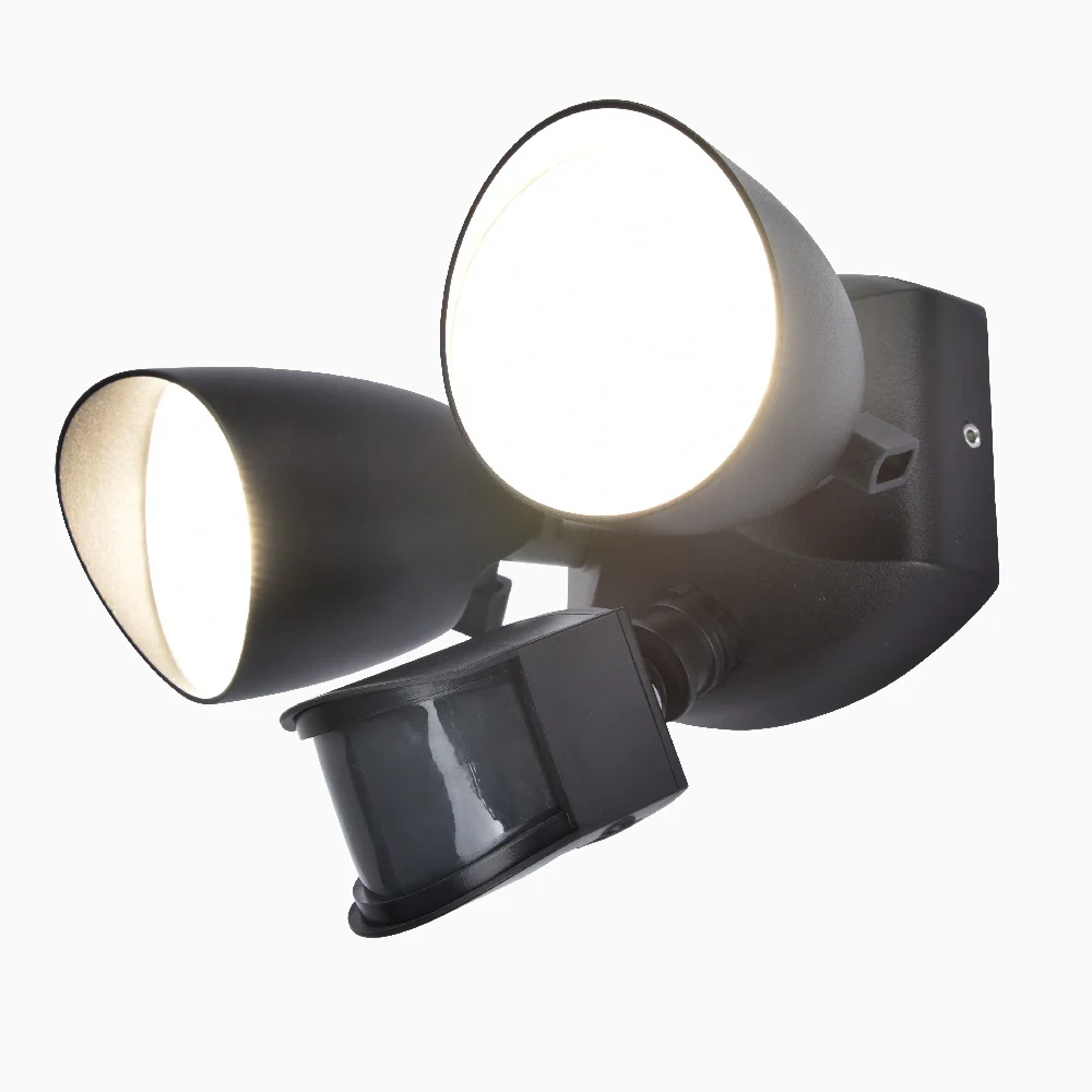 LED Matt Black Outdoor Double Head Flood Wall Light with PIR 23.5W IP54