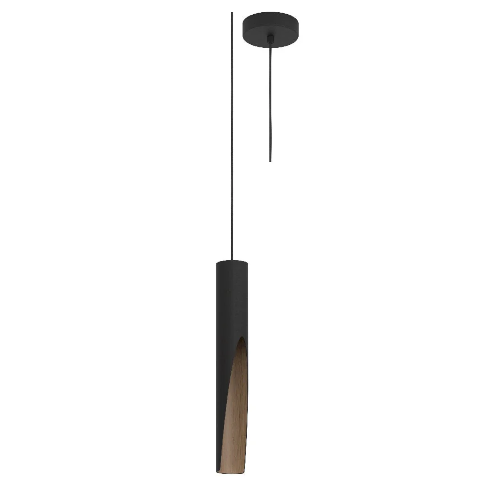 Britalia BR900874 Matt Black & Wood Effect Inner Vintage Metal Cylinder Pendant Light 6cm