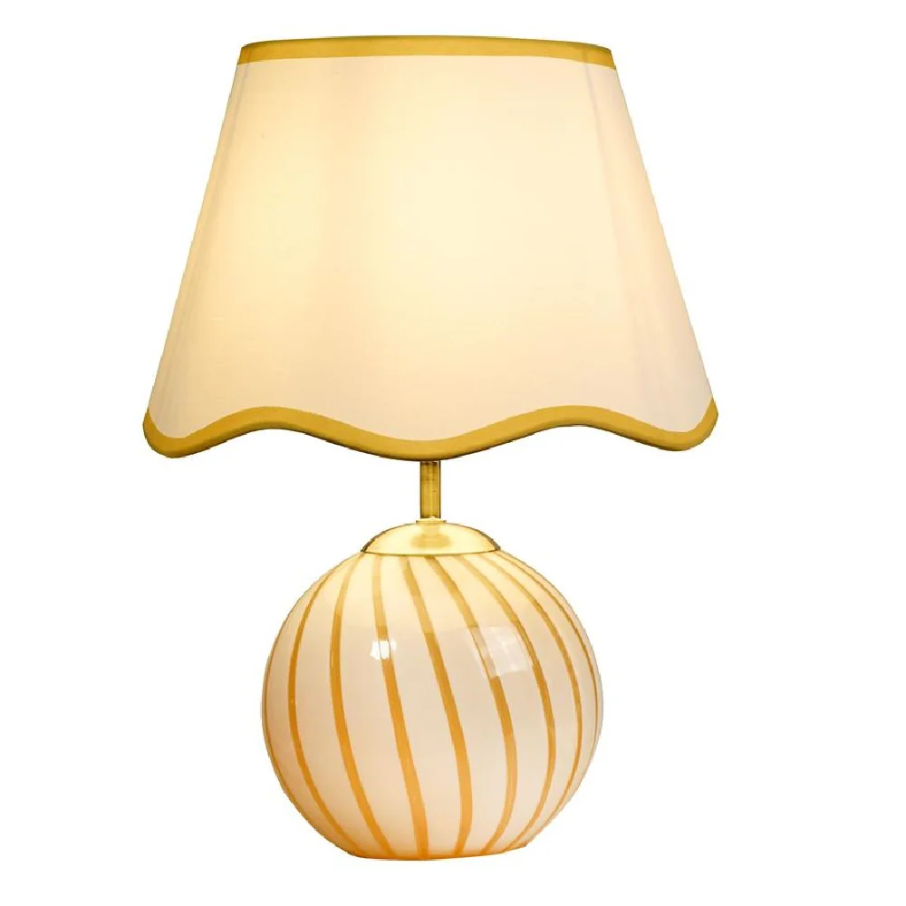 Yellow and White Stripe Glass Vintage Table lamp with White Scalloped Shade 32cm - Image 2