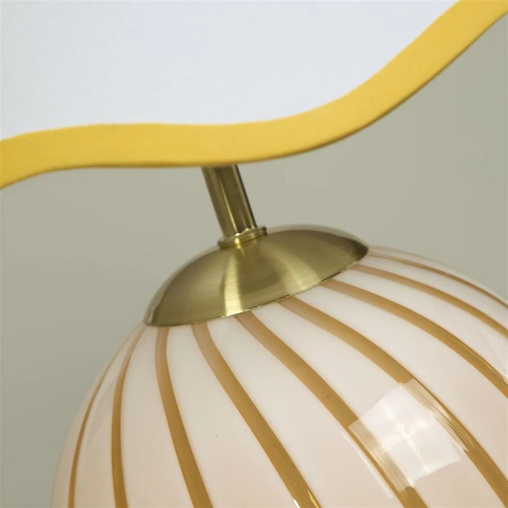 Yellow and White Stripe Glass Vintage Table lamp with White Scalloped Shade 32cm - Image 3