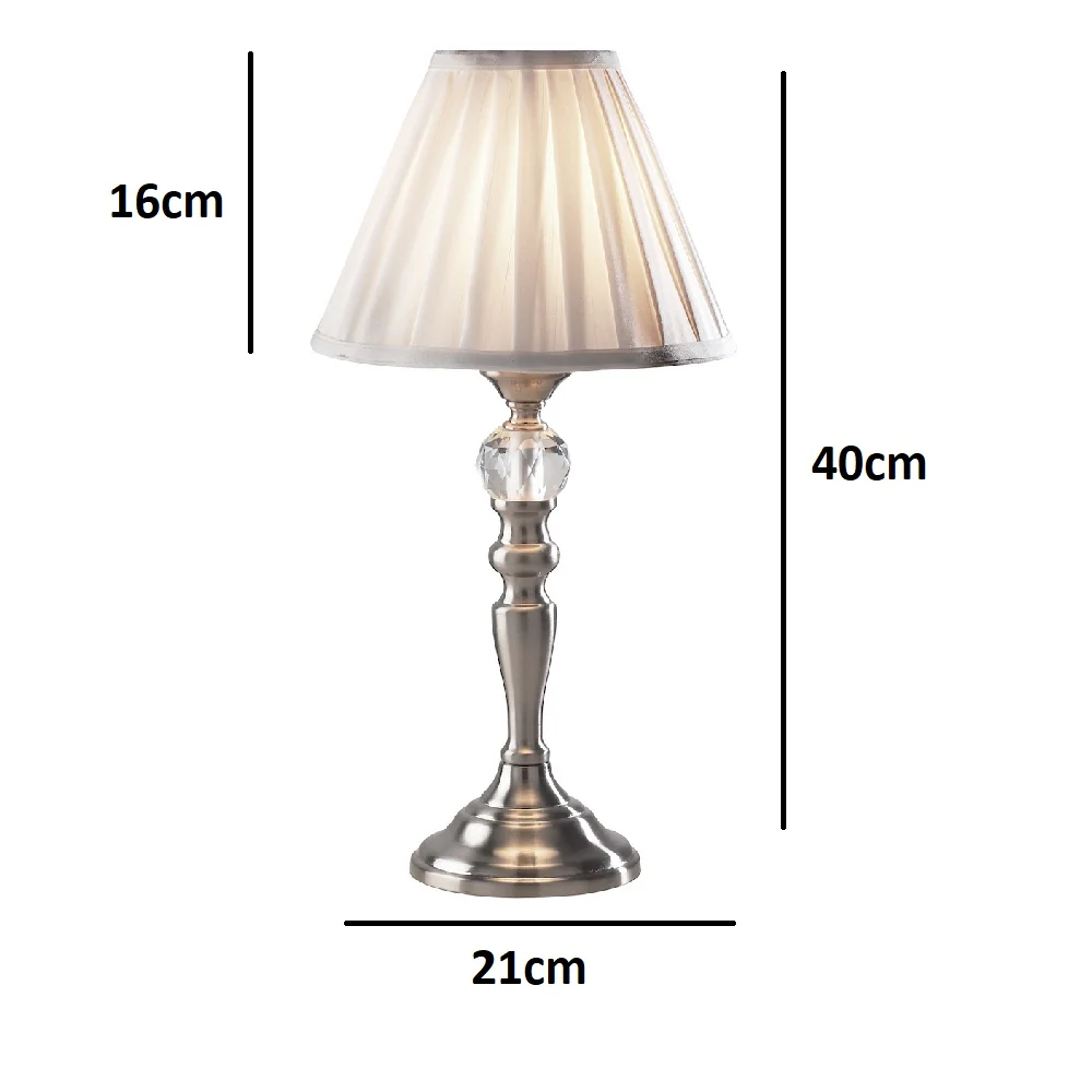 Satin Chrome Vintage Touch Table Lamp with with Crystal Design and White Pleated Shade 40cm - Image 2