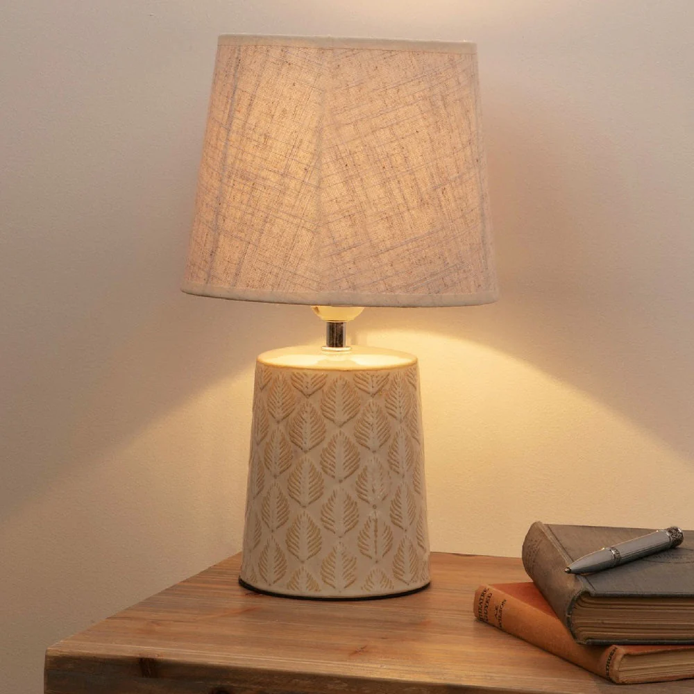 Britalia BRHE1356 Cream Ceramic Vintage Leaf Print Table Desk Lamp with Linen Shade 35cm - Image 4
