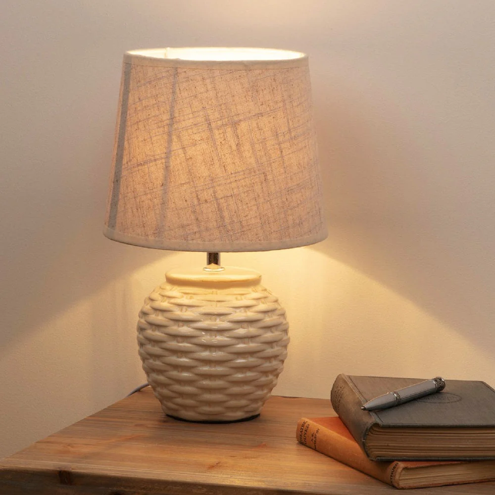 Britalia BRHE1359 Cream Ceramic Vintage Basket Weave Table Desk Lamp with Linen Shade 33cm - Image 4