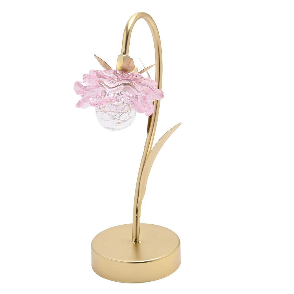 Britalia Gold and Pink Glass Flower Single Stem Battery Powered LED Table Lamp 30cm - Image 3