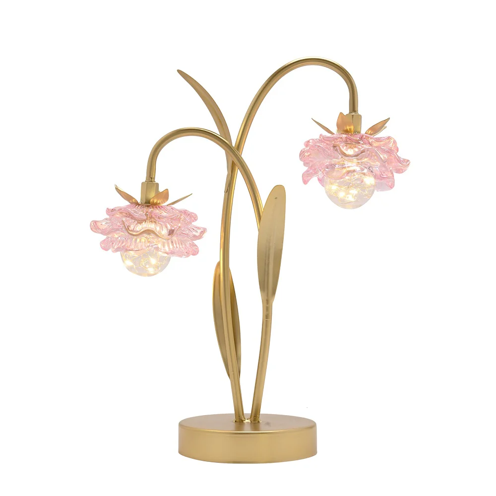 Britalia Gold and Pink Glass Flower Double Stem Battery Powered LED Table Lamp 36cm - Image 2