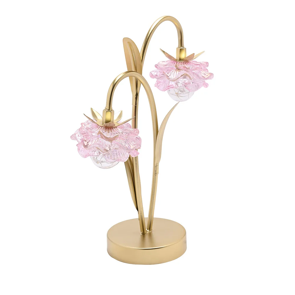 Britalia Gold and Pink Glass Flower Double Stem Battery Powered LED Table Lamp 36cm - Image 3