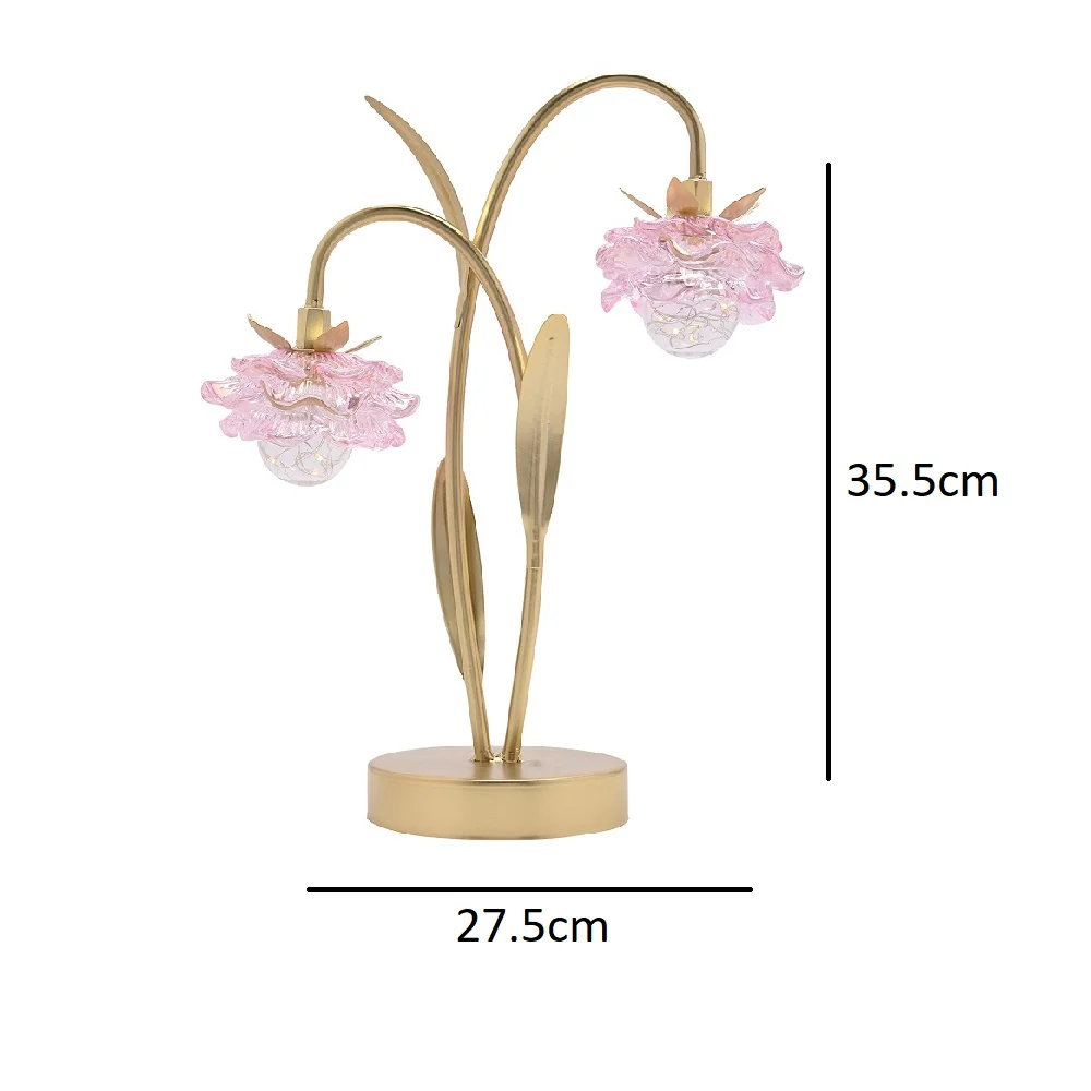 Britalia Gold and Pink Glass Flower Double Stem Battery Powered LED Table Lamp 36cm - Image 4