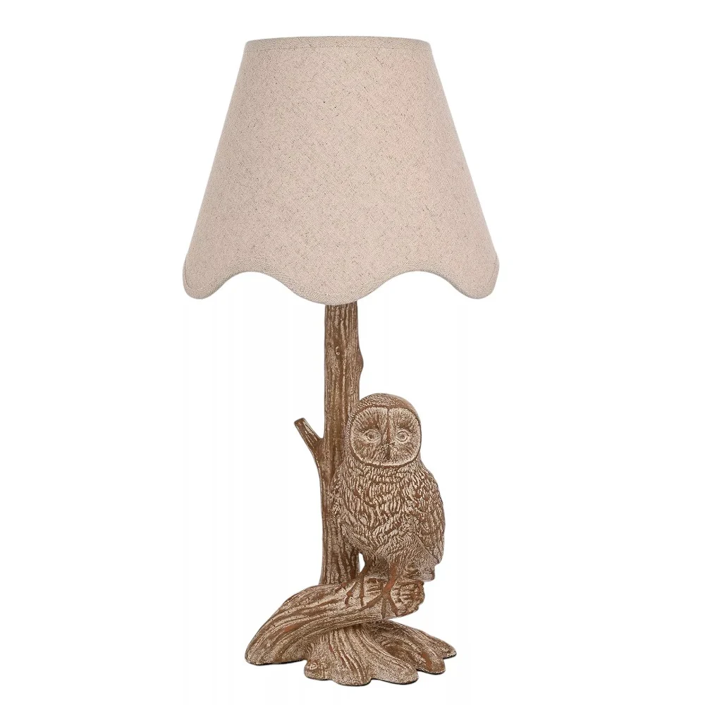 Wood Effect Perching Owl Table Lamp with Beige Fabric Tapered Shade 460mm