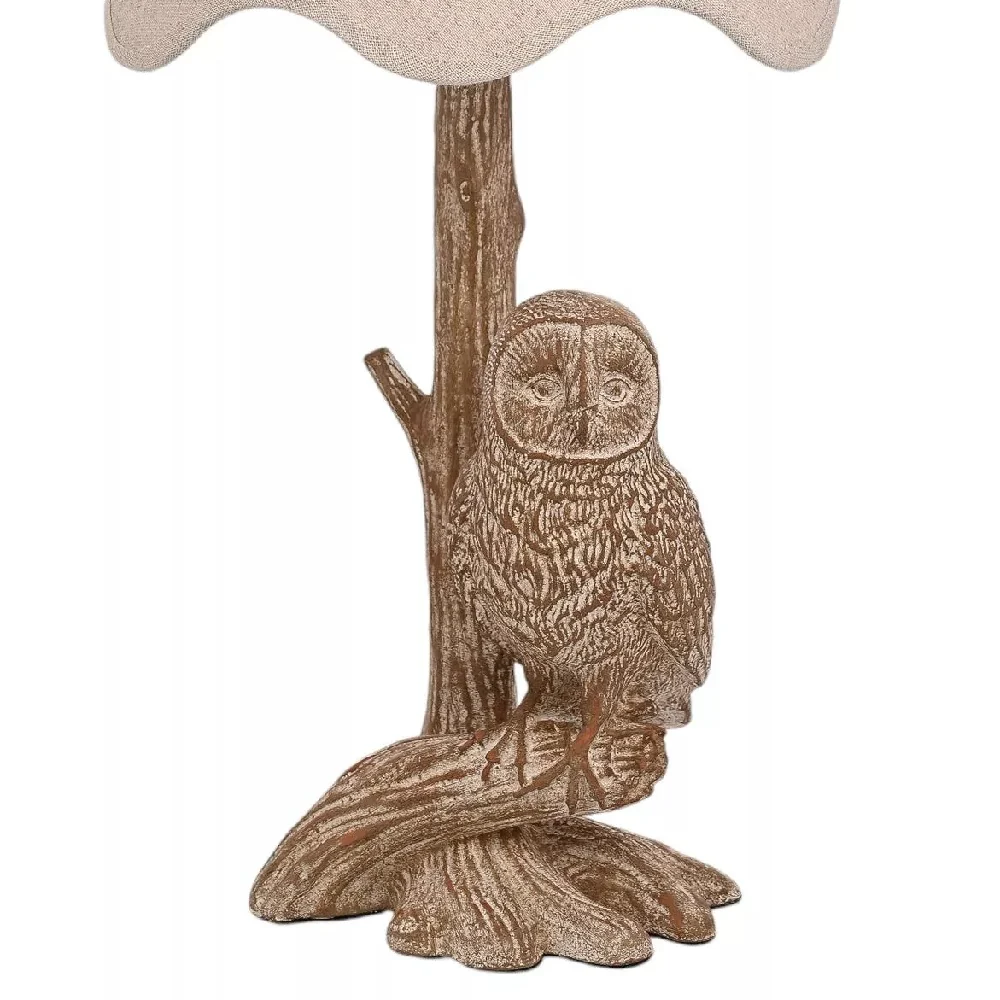 Wood Effect Perching Owl Table Lamp with Beige Fabric Tapered Shade 460mm - Image 2