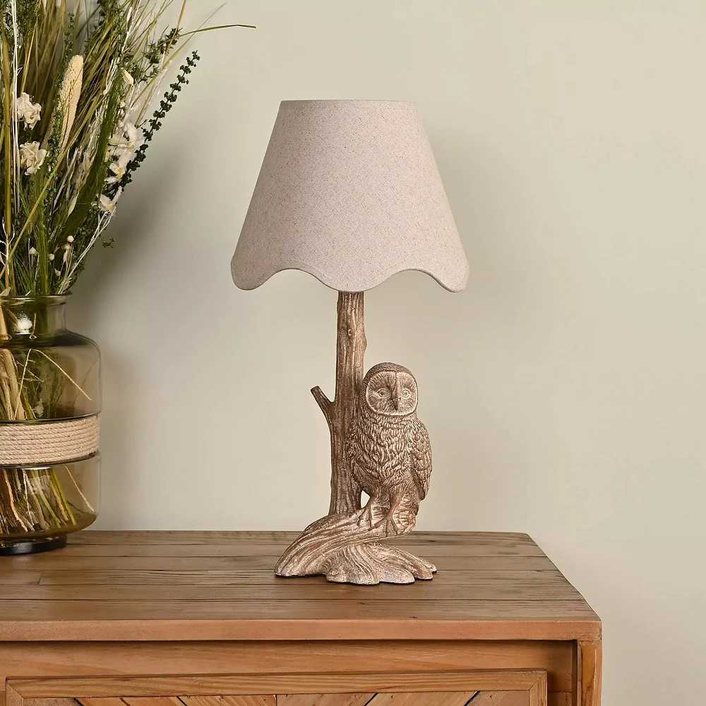 Wood Effect Perching Owl Table Lamp with Beige Fabric Tapered Shade 460mm - Image 3